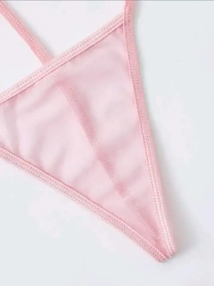 Tanga de malla, rosa palido con diseño de pompon. 2