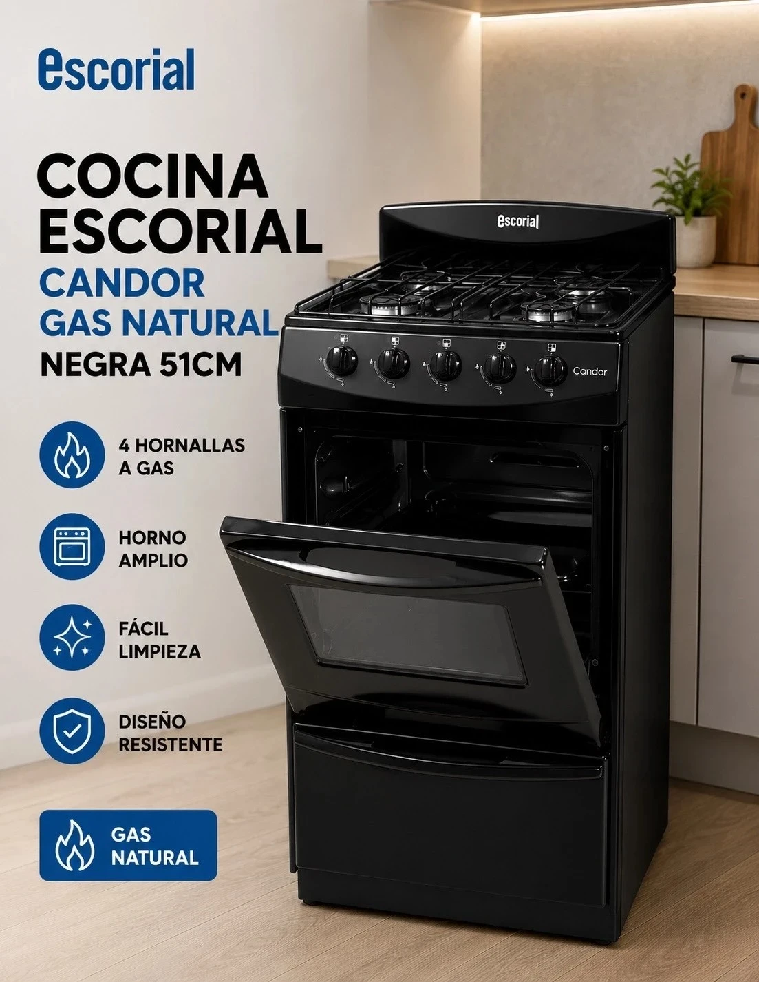 COCINA ESCORIAL CANDOR GAS NATURAL NEGRA 51CM