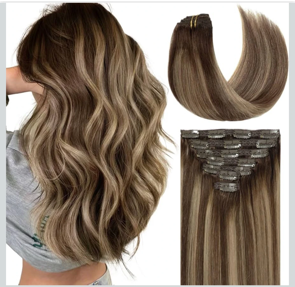 Extensiones de cabello humano real con clip, color castaño cálido a rubio caramelo oscuro, extensiones de cabello humano real para mujer, 16 pulgadas, 4.23 oz, 7 piezas de cabello humano natural