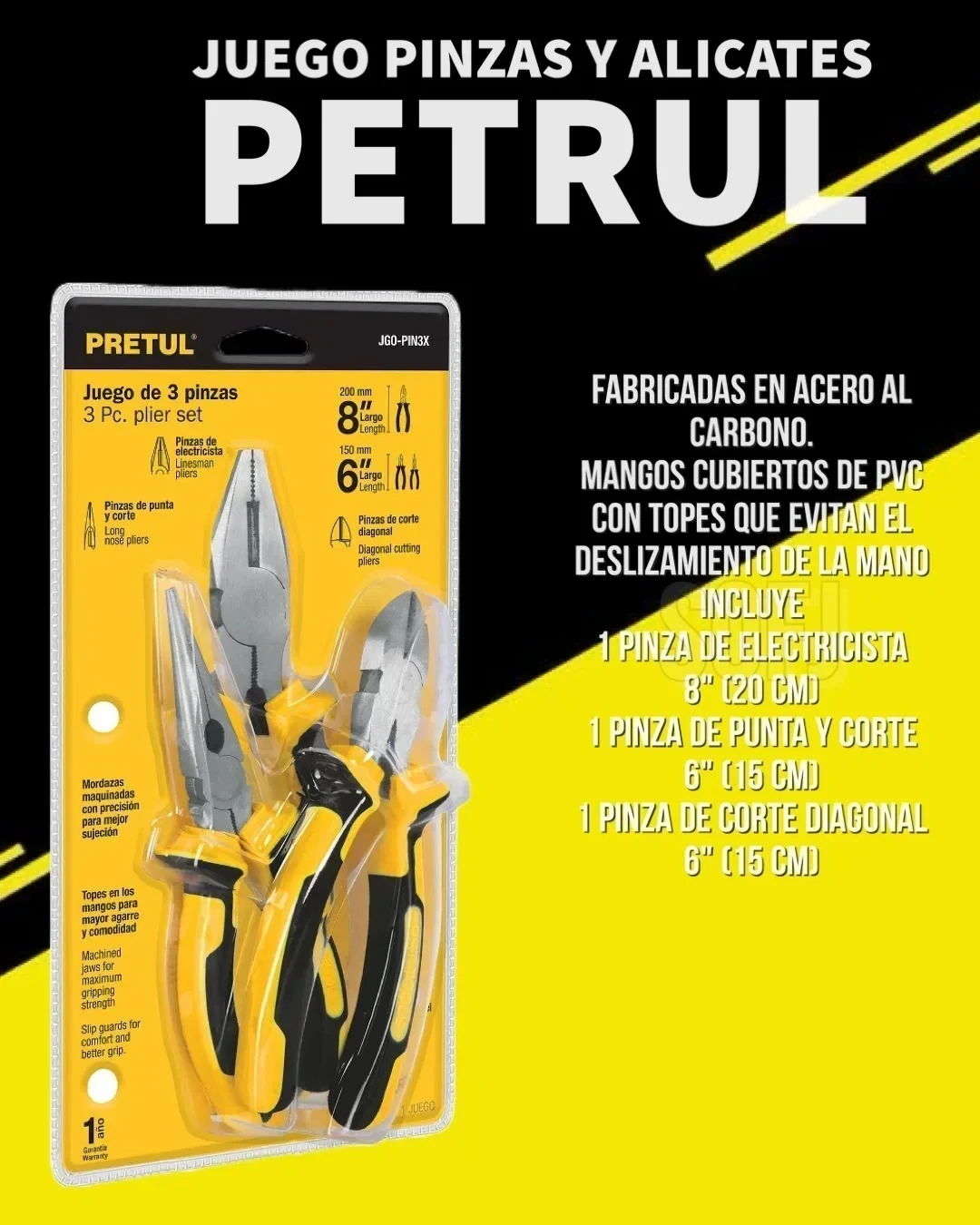 Juego de 3 pinzas Pretul Comfort Grip Electricista Punta y corte Diagonal