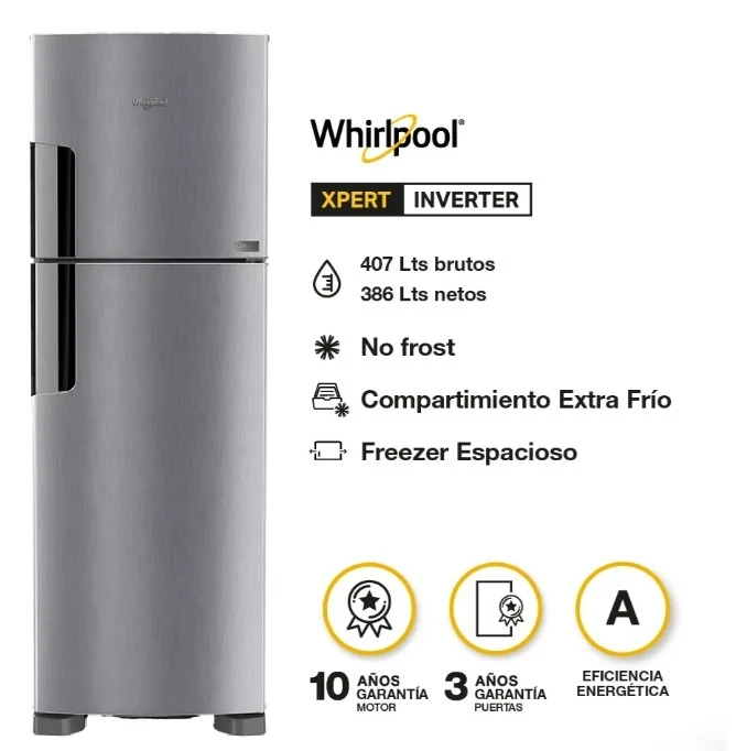 HELADERA WHIRLPOOL NO FROST INVERTER 386LTS INOX 