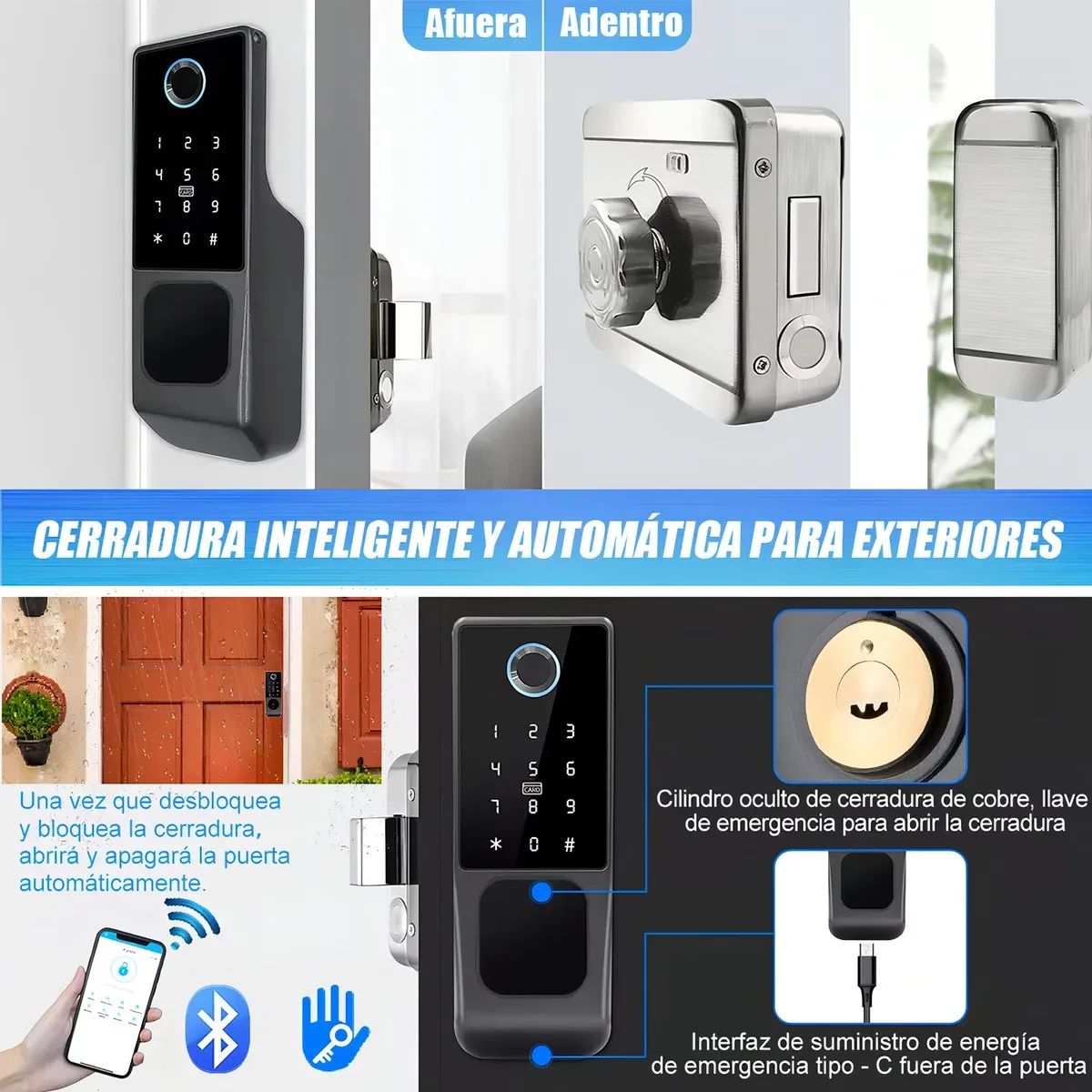 Chapa Cerradura Inteligente Electrónica Exterior Impermeable Negro 2