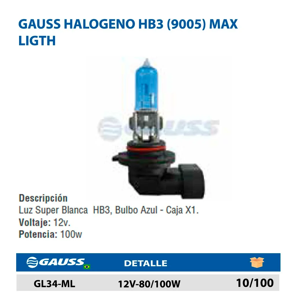 GAUSS HALOGENO HB3 (9005) MAX LIGTH 12V-80/100W