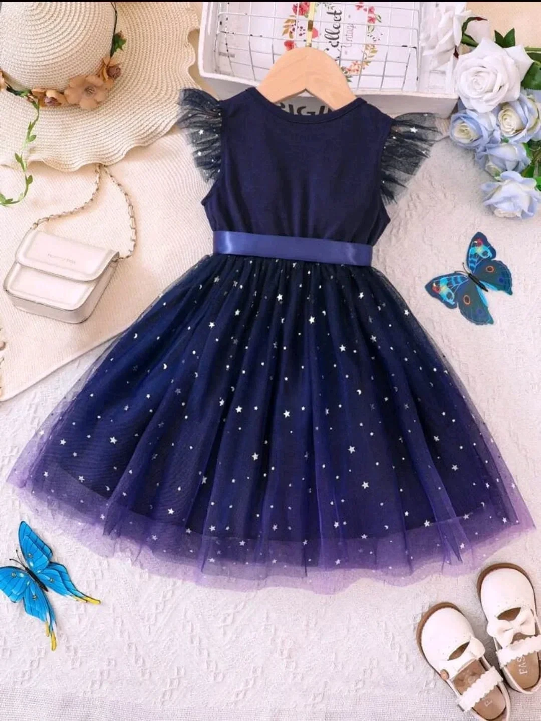Vestido encantador de manga de hada en malla color azul marino 2