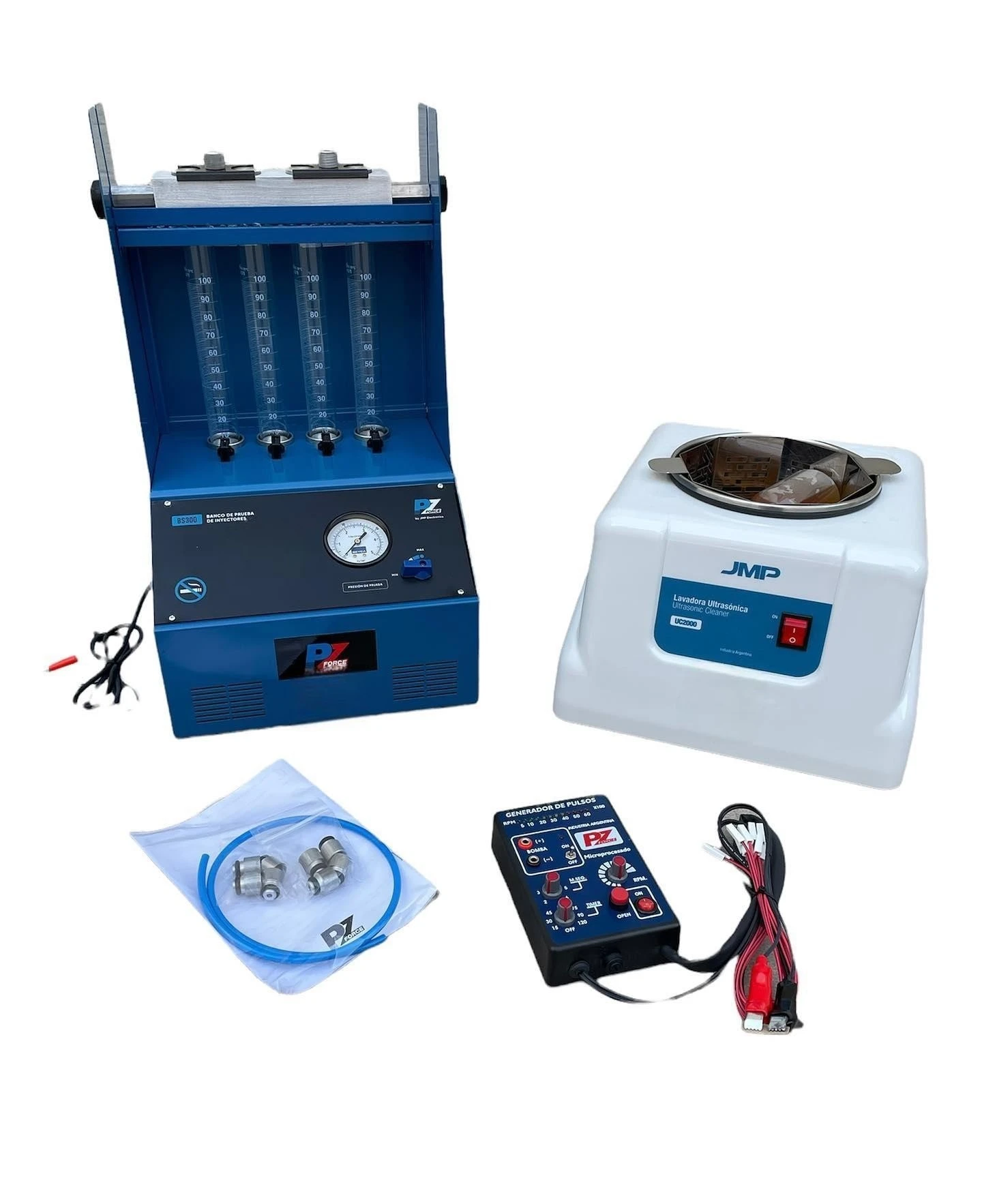 Banco de inyectores 4 probetas pz force jmp + batea ultrasonido 2 lts + generador de pulsos pz force