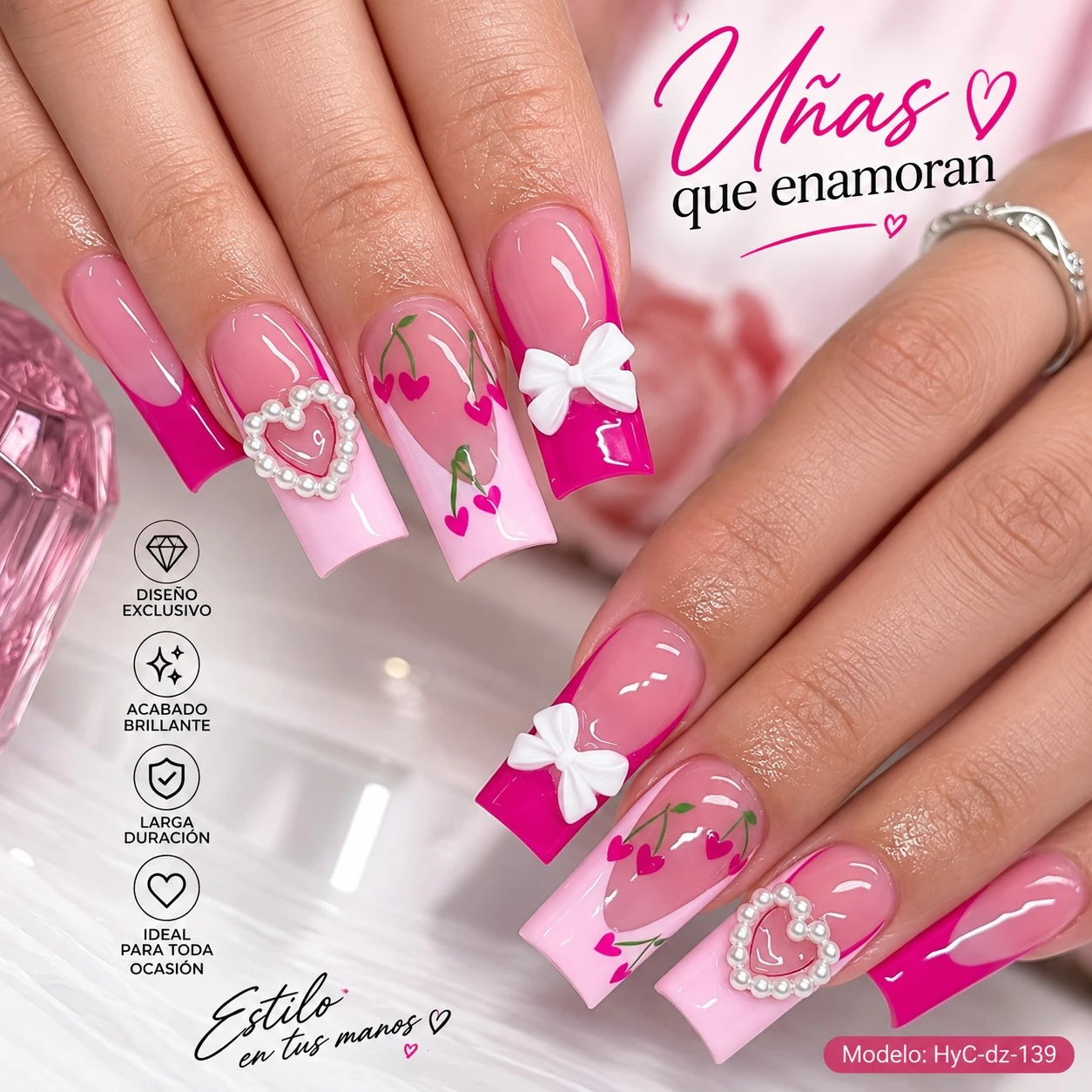 lumera caja de uñas press on diseño de lazo y cereza
