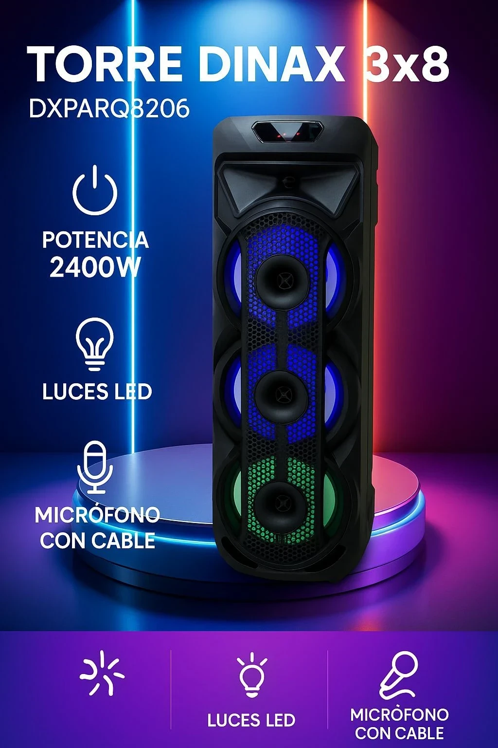 Parlante Torre Dynax Inalambrico 3x8 90 Cm Altura 2400w Color Negro