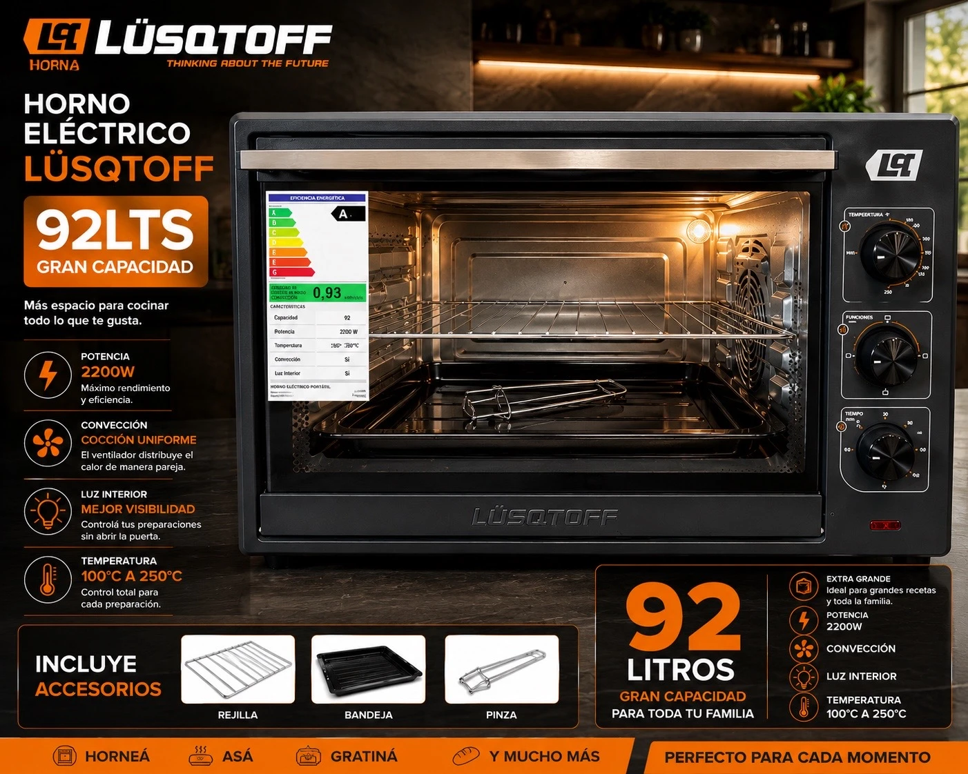 HORNO ELECTRICO LUSQTOFF 92LTS NEGRO C/CONVECCION Y LUZ INTERIOR