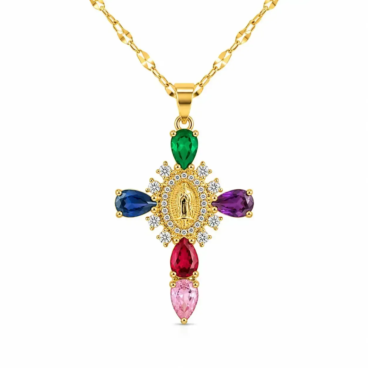Cadena Y Dije En Acero Con Piedra Circon De Cruz Virgen De Guadalupe Colores