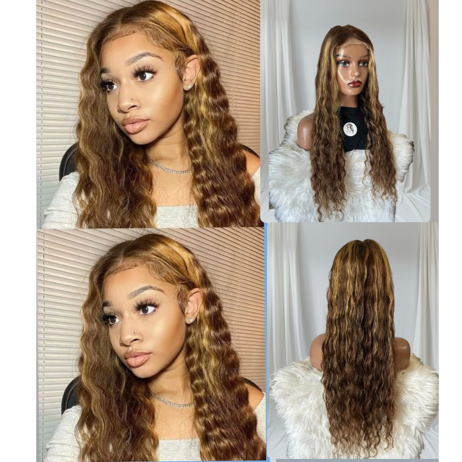 Peluca de cabello humano brasileño Remy con reflejos rubios degradado T4/27, frontal lace 4x4  densidad media