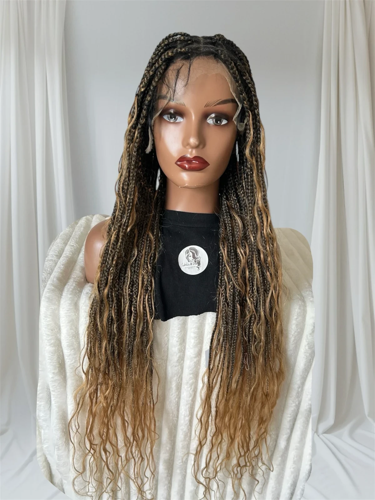 Peluca de Cabello Humano con Rizos Bohemios Atada a Mano de Encaje Completo HD - 36" Trenzas Sintéticas de Caja Pequeña Nivel Salón (100 Trenzas, Alta Densidad) Encaje Suizo HD Pre-Cortado 3