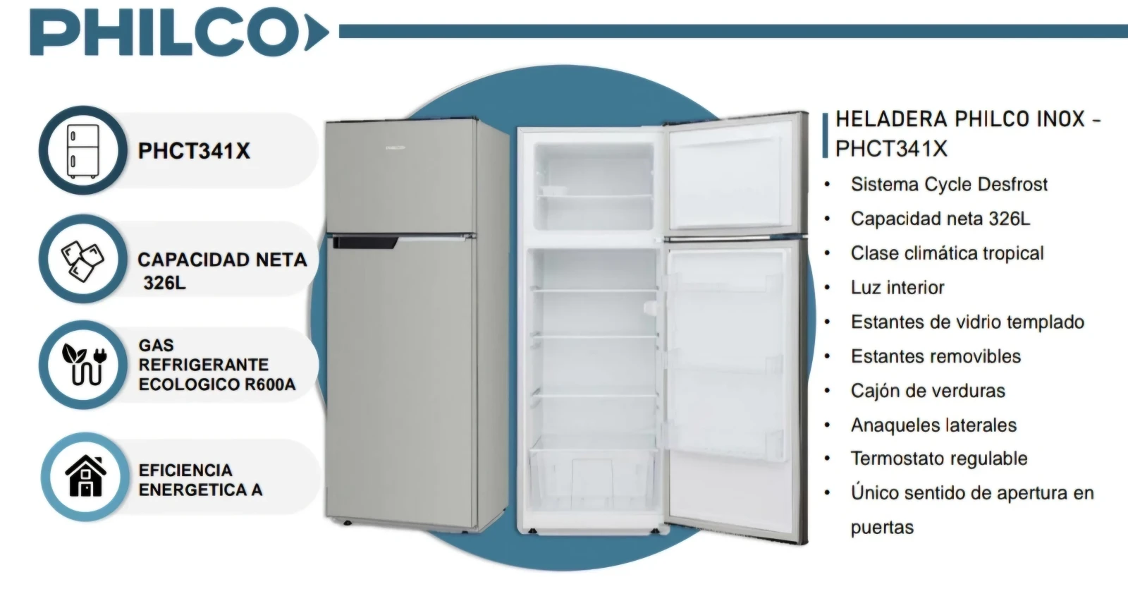  HELADERA PHILCO PHCT341X INOXIDABLE 326LTS 2