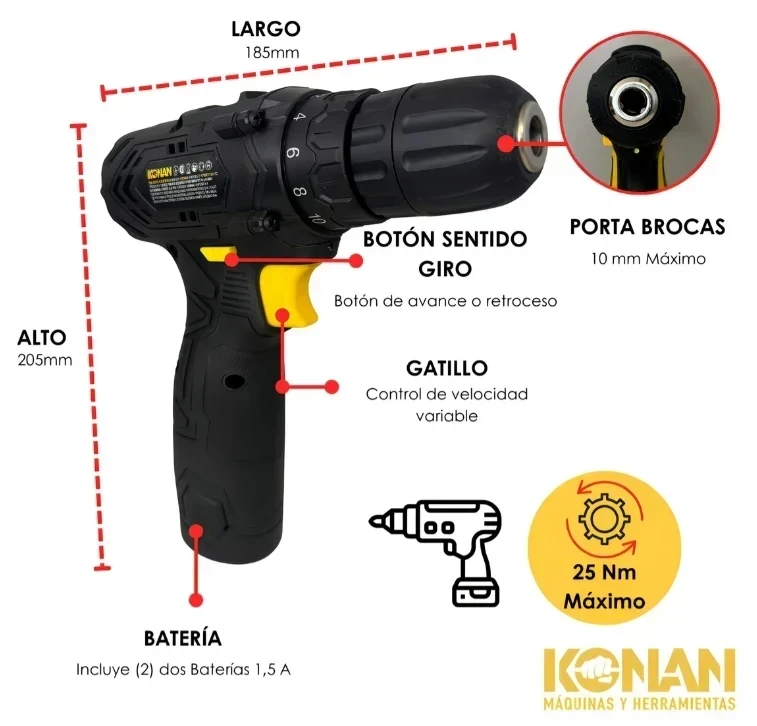 TALADRO A BATERIA KONAN (INCLUYE MALETIN CON 32 PIEZAS) 4