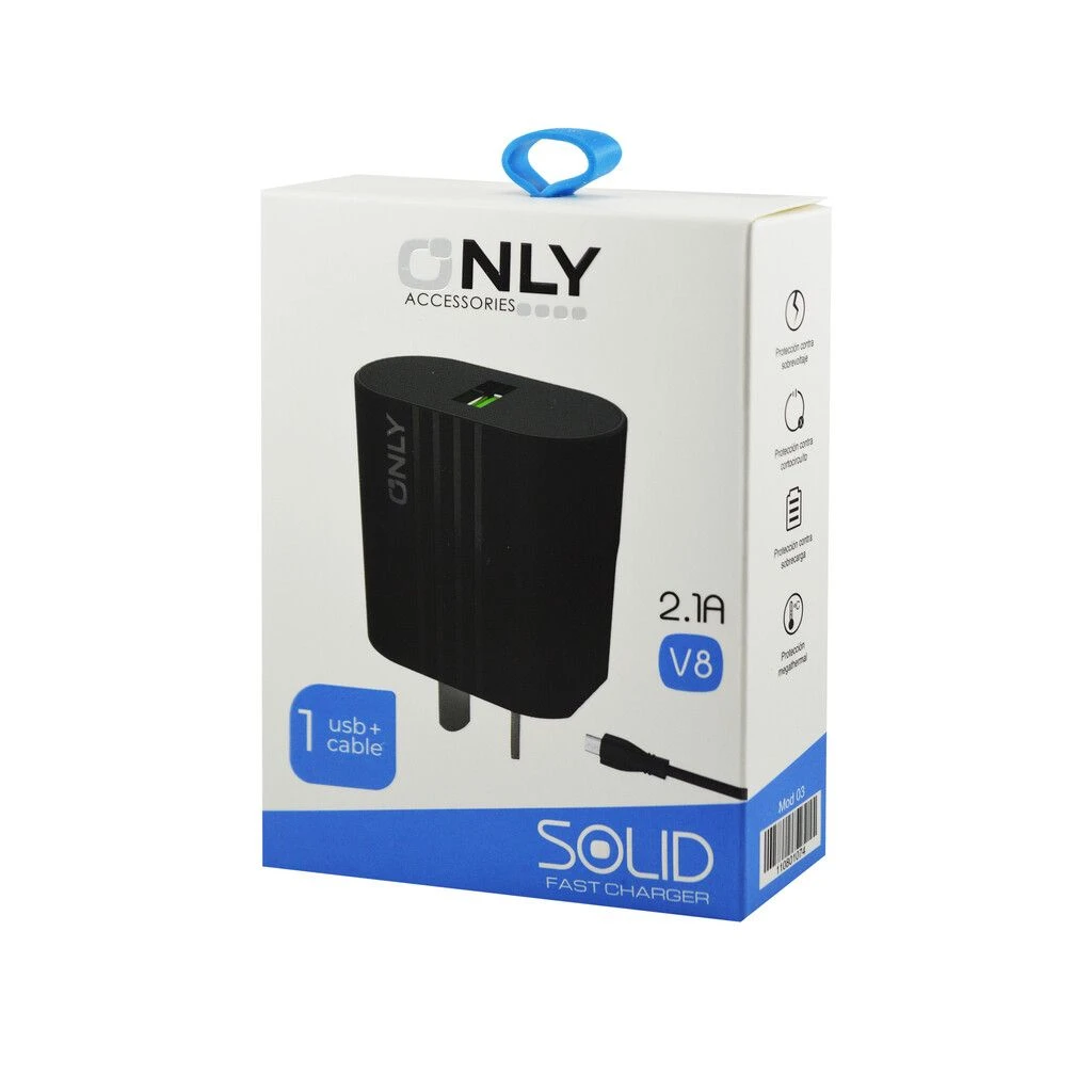 CARGADOR 220V ONLY MOD 03 – 2,1 A – 1 USB + CABLE V8 – NEGRO