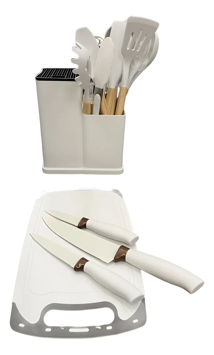 SET DE UNTENSILLOA DE COCINA MANDO DE MADERA KIT X19 PIEZAS PUNTA DE SILICONA COLOR BLANCO 2