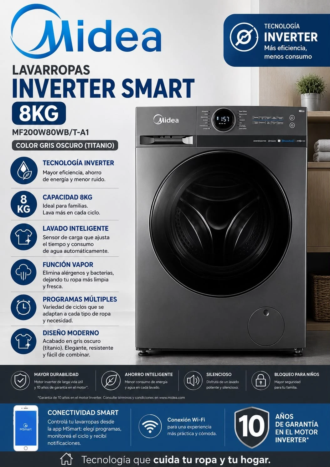 LAVARROPAS CARGA FRONTAL MIDEA 8 Kg 1400 RPM INVERTER TITANIUM 