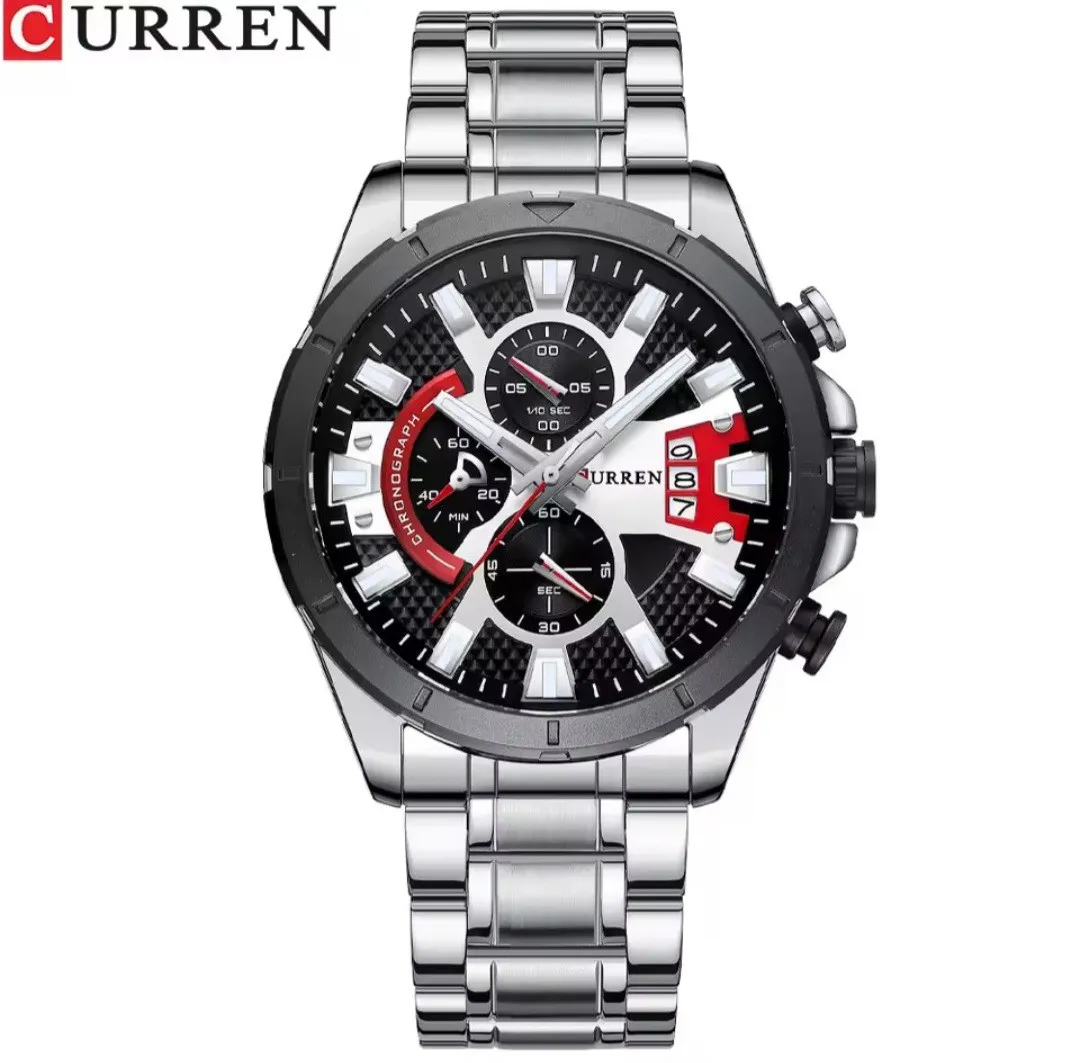 Reloj Curren Original Acero Cronografo 8401 Plateado Fondo Negro Plateado Rojo 3