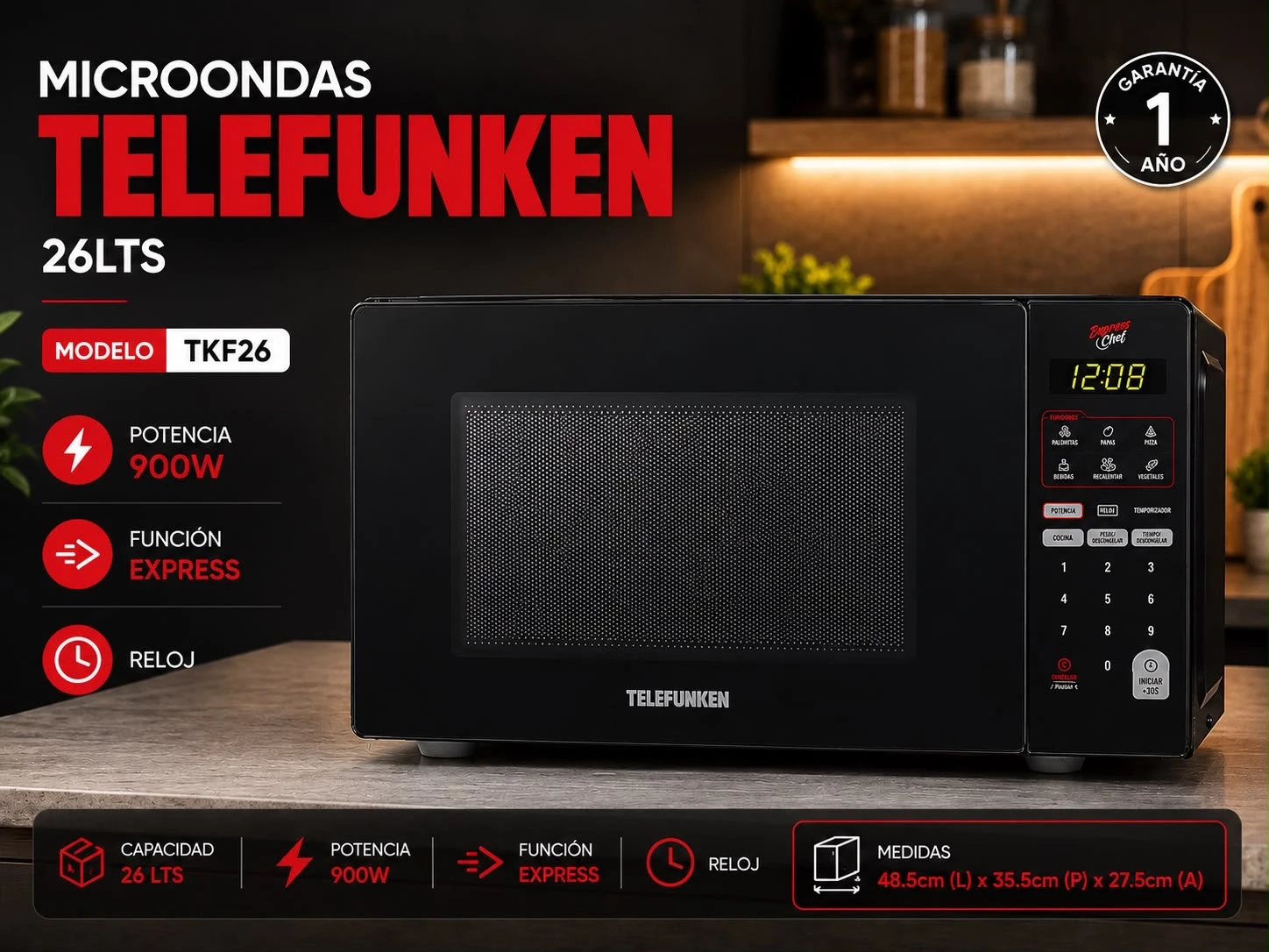 MICROONDAS DIGITAL TELEFUNKEN NEGRO 26LTS 900W