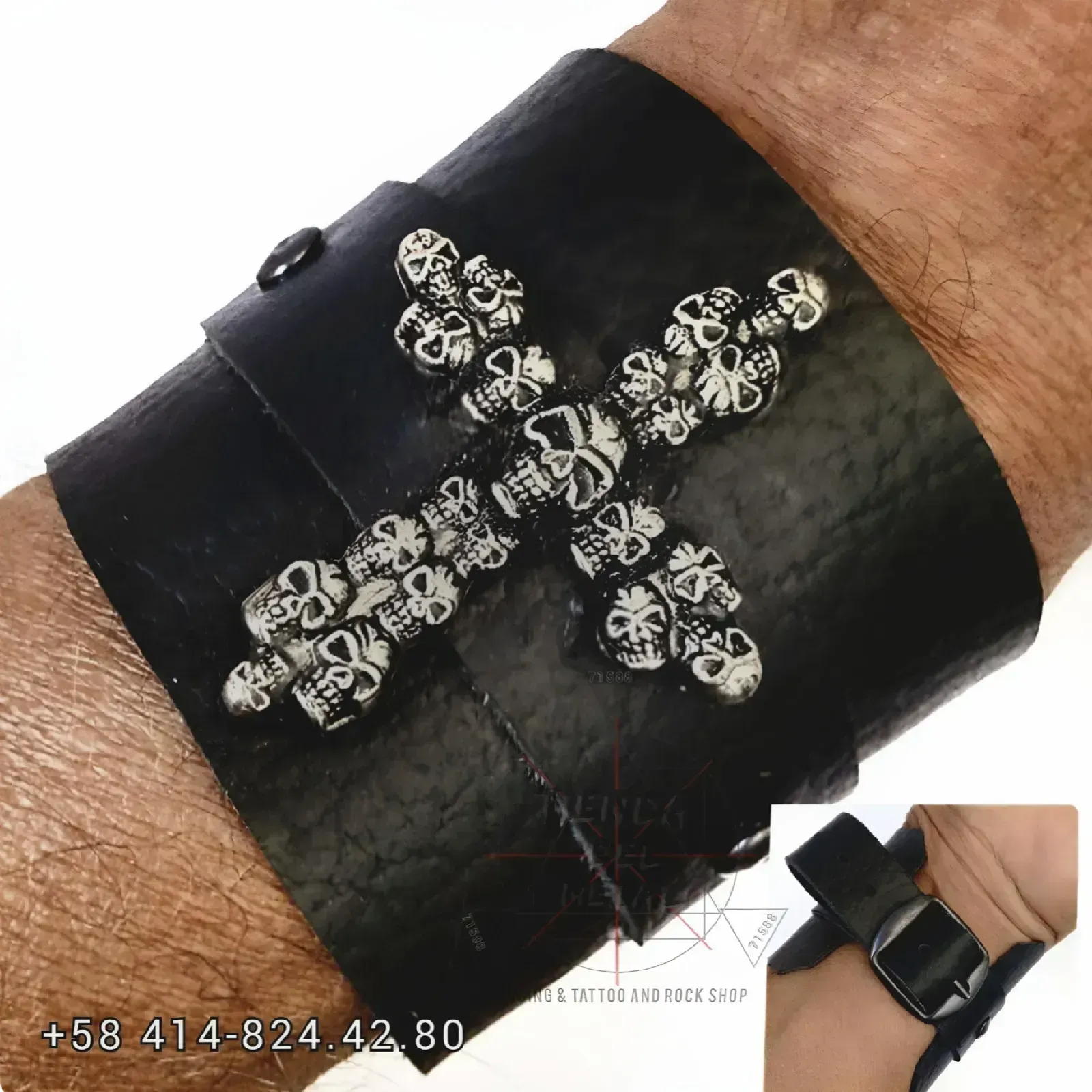 Muñequera Rebel Souls  - 100% Cuero Premium  con Cruz Calavera Envejecida Acero Inoxidable - Tienda Del Metal  2