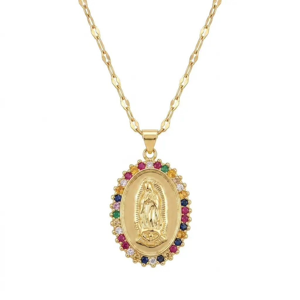 Cadena Y Dije En Acero Con Piedra Circon De Virgen De Guadalupe Colores