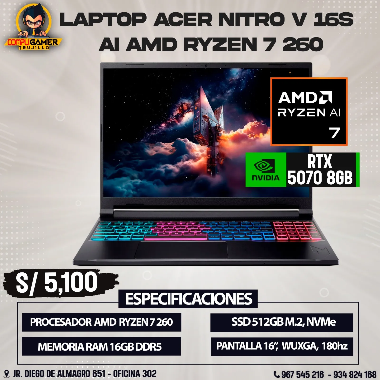 LAPTOP ACER NITRO V 16S AI AMD RYZEN 7 260, RAM 16GB, SSD 512GB, RTX 5070 8GB, PANTALLA 16", WUXGA, 180HZ
