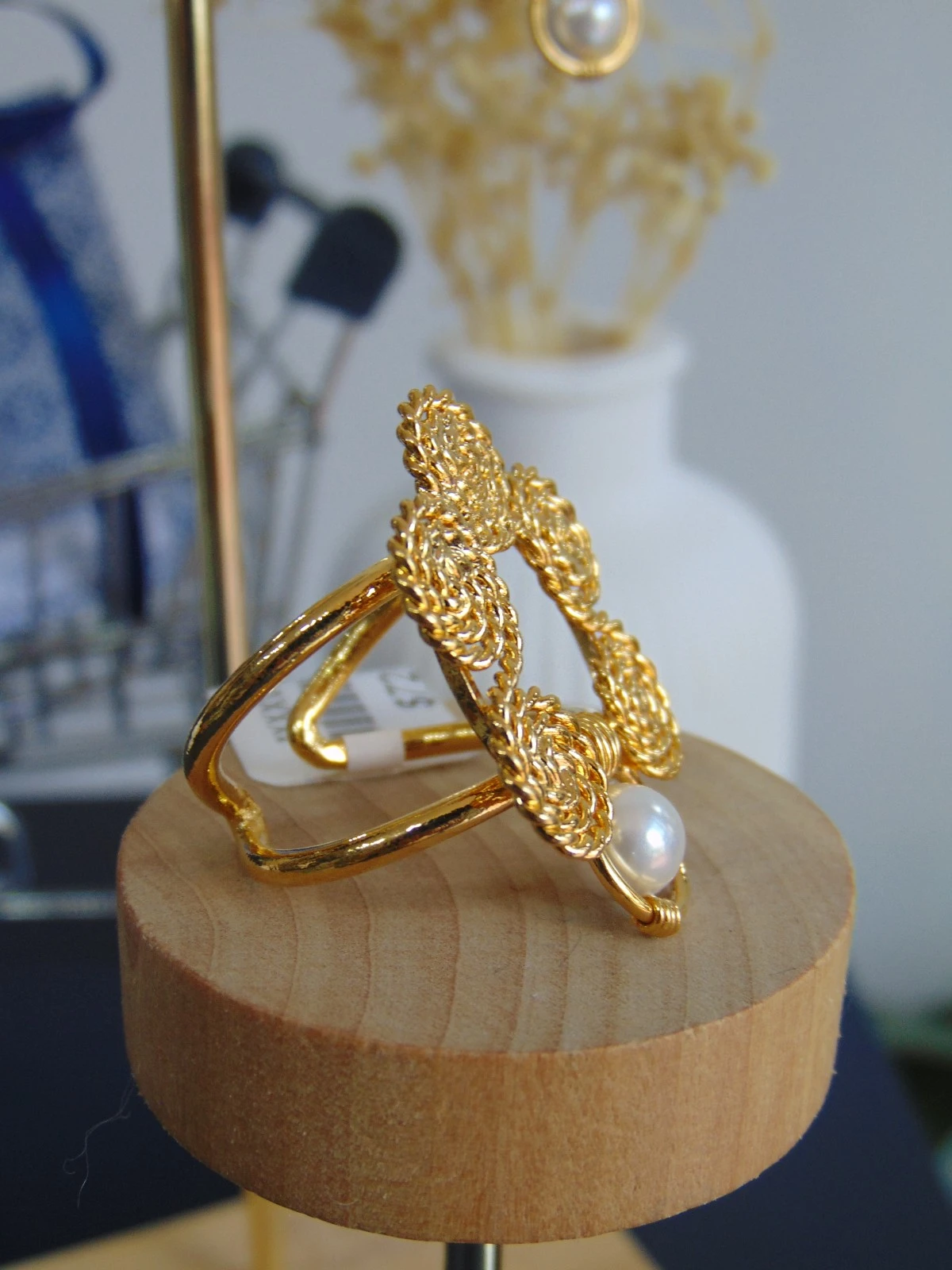 ANILLO BAÑO DE ORO 24K AROS ENTORCHADOS PERLA 3