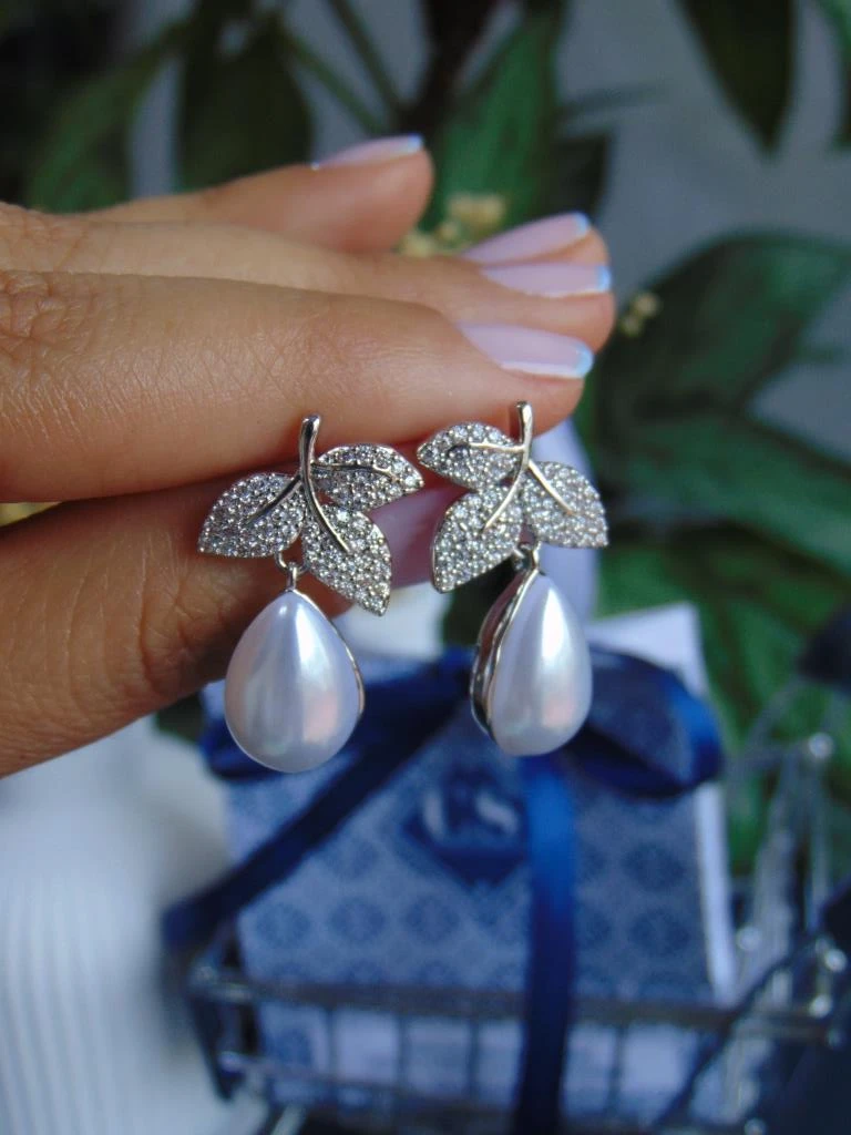 ARETES RODIO PLATE HOJA LAGRIMA PERLA  3