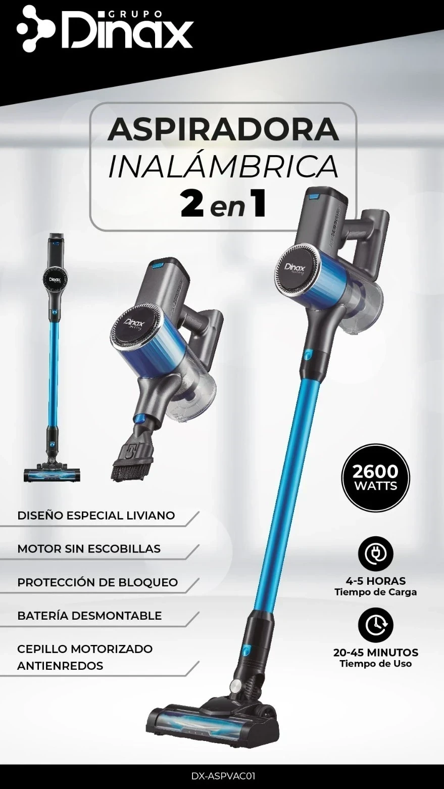ASPIRADORA DINAX INALAMBRICA 2 EN 1 2600W