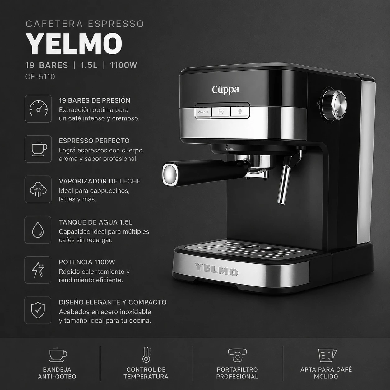 CAFETERA ESPRESSO YELMO 19 BARES 1.5L 1100W CE-5110