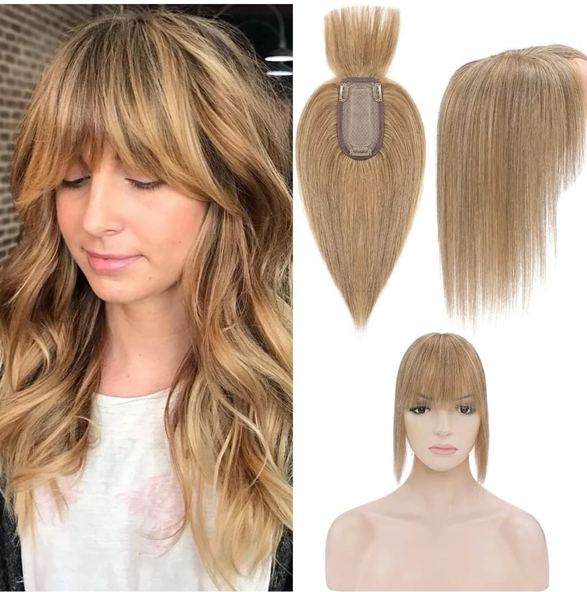 cabello humano 100 % real con flequillo, base de seda, 150 % de densidad, con clip en la parte superior, 2,7 x 5,1 pulgadas, para mujeres con cabello fino o caída del cabello, para cubrir las canas