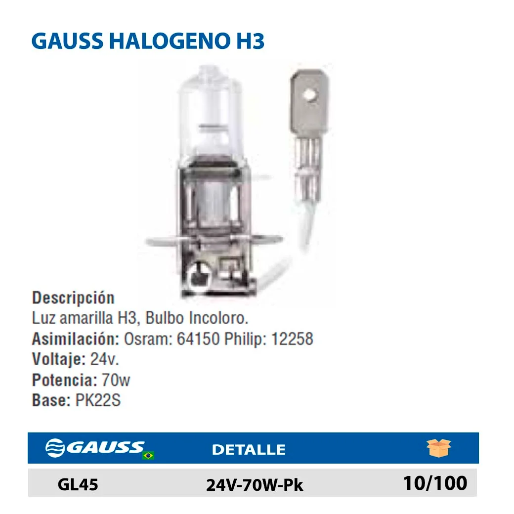 GAUSS HALOGENO H3 24V-70W-Pk