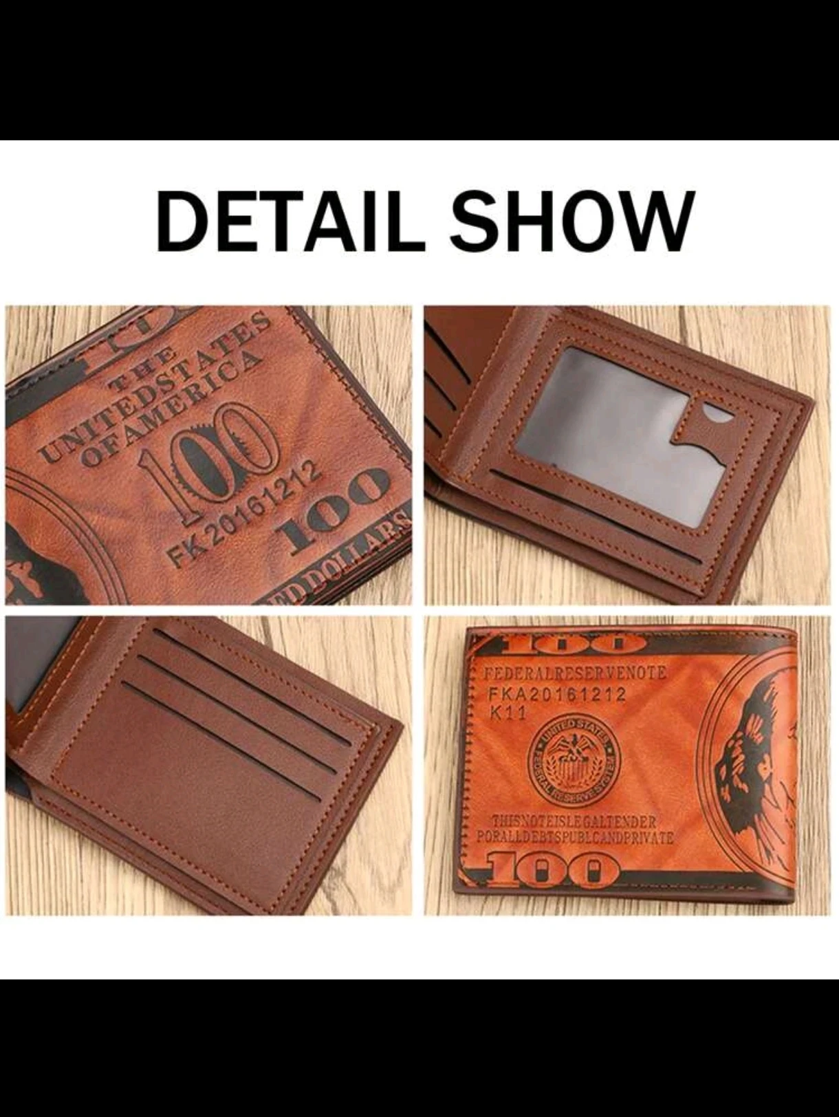 Billetera para Caballero Negra con Relieve de Billete de 100 Dólares – Cartera Casual de Cuero PU con Múltiples Ranuras para Tarjetas 2