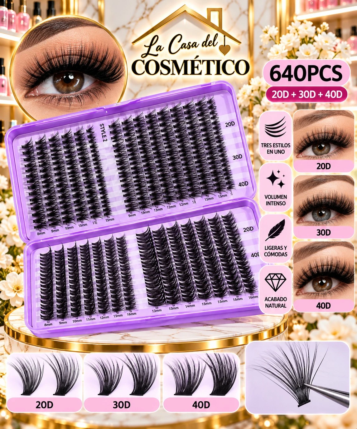 lumera pestañas volumen glam 3 en 1 – 20d + 30d + 40d – 640 piezas