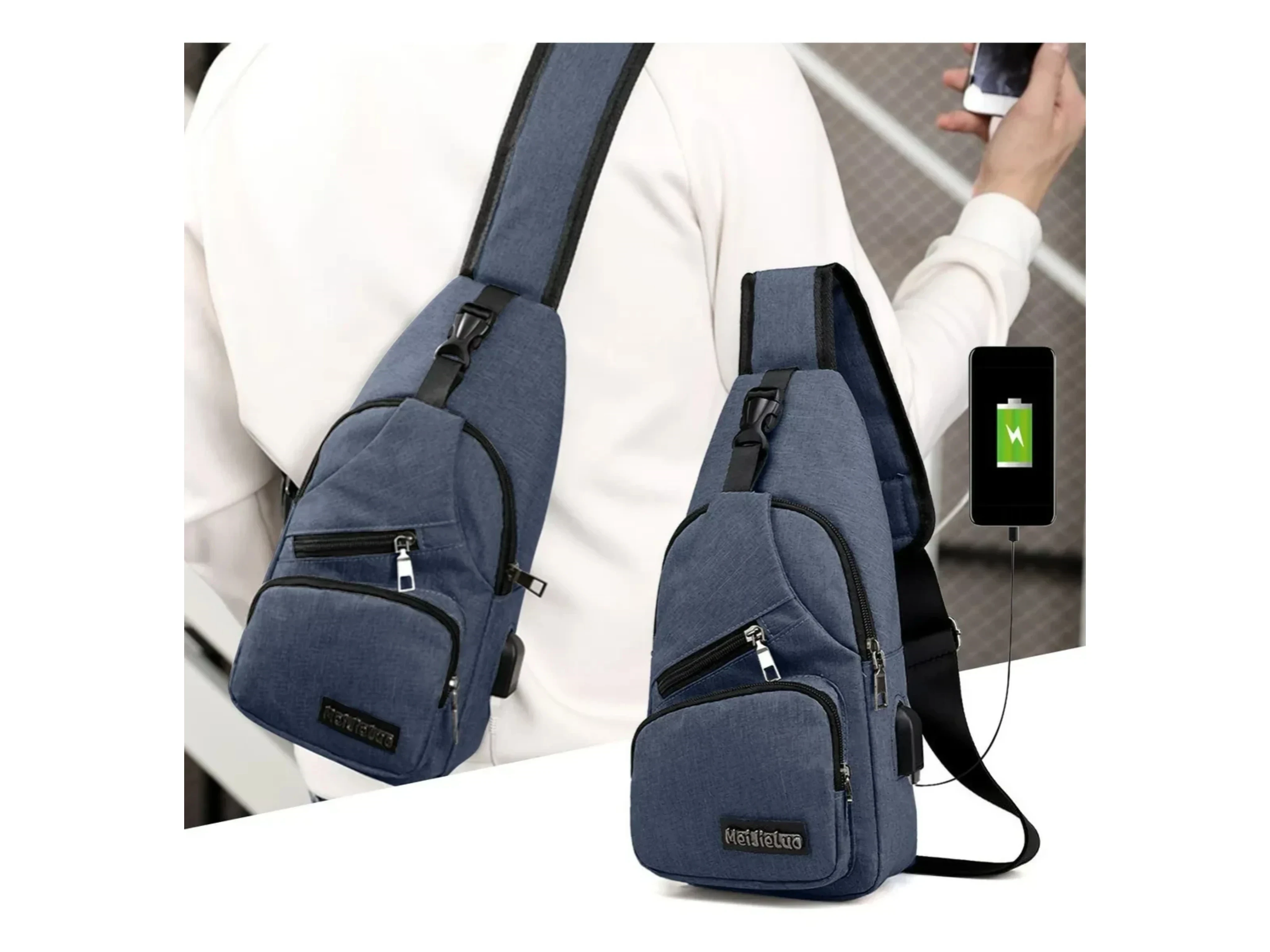 Bolso Impermeable Bandolero Con Usb Color AZUL 4