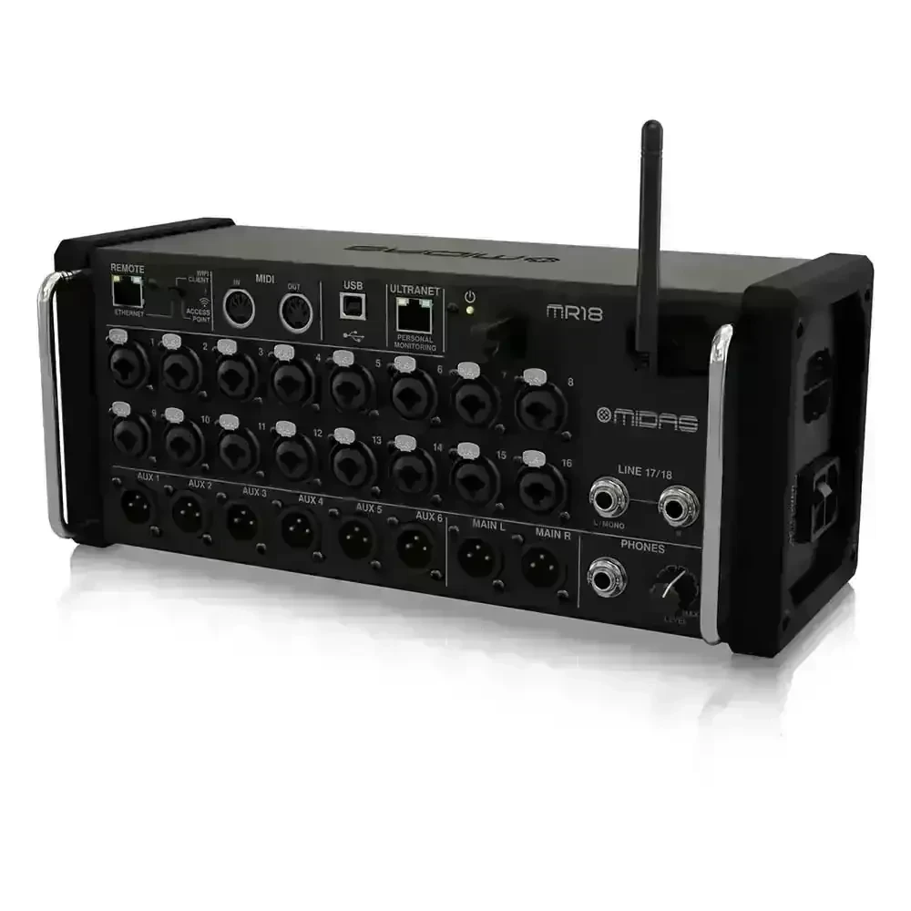 CONSOLA DIGITAL MIDAS MR18 Mezclador Digital Mezcla digital  40 bits proporciona 112dB de rango dinámico Interfaz de audio completa de 18 canales para grabación y reproducción. La mezcla automática estilo Dugan maneja perfectamente los niveles de micrófono El DSP integrado incluye 4 procesadores de efectos independientes. Dinámica completa y ecualizador disponible para master estéreo y los 6 buses auxiliares Elija entre los tipos de ecualizador gráfico paramétrico de 6 bandas o de 31 bandas Ultranet admite sistemas de mezcla / mezcladores personales Behringer Powerplay P16 Router Wi-Fi integrado de tres modos para conexiones inalámbricas estables y seguras Las aplicaciones gratuitas de iOS y Android te permiten tomar el control total de tu mezcla El software gratuito y la conectividad Ethernet ofrecen control de PC con Mac, Windows y Linux Agregue control táctil a través de cualquier superficie de control MIDI / USB Incluye orejas de montaje en bastidor para bastidores de equipo estándar de 19″ 3