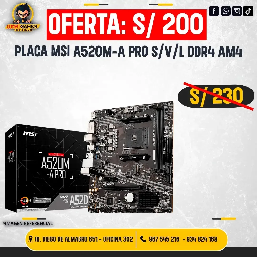 PLACA MSI A520M-A PRO S/V/L, AMD, AM5, DDR4 