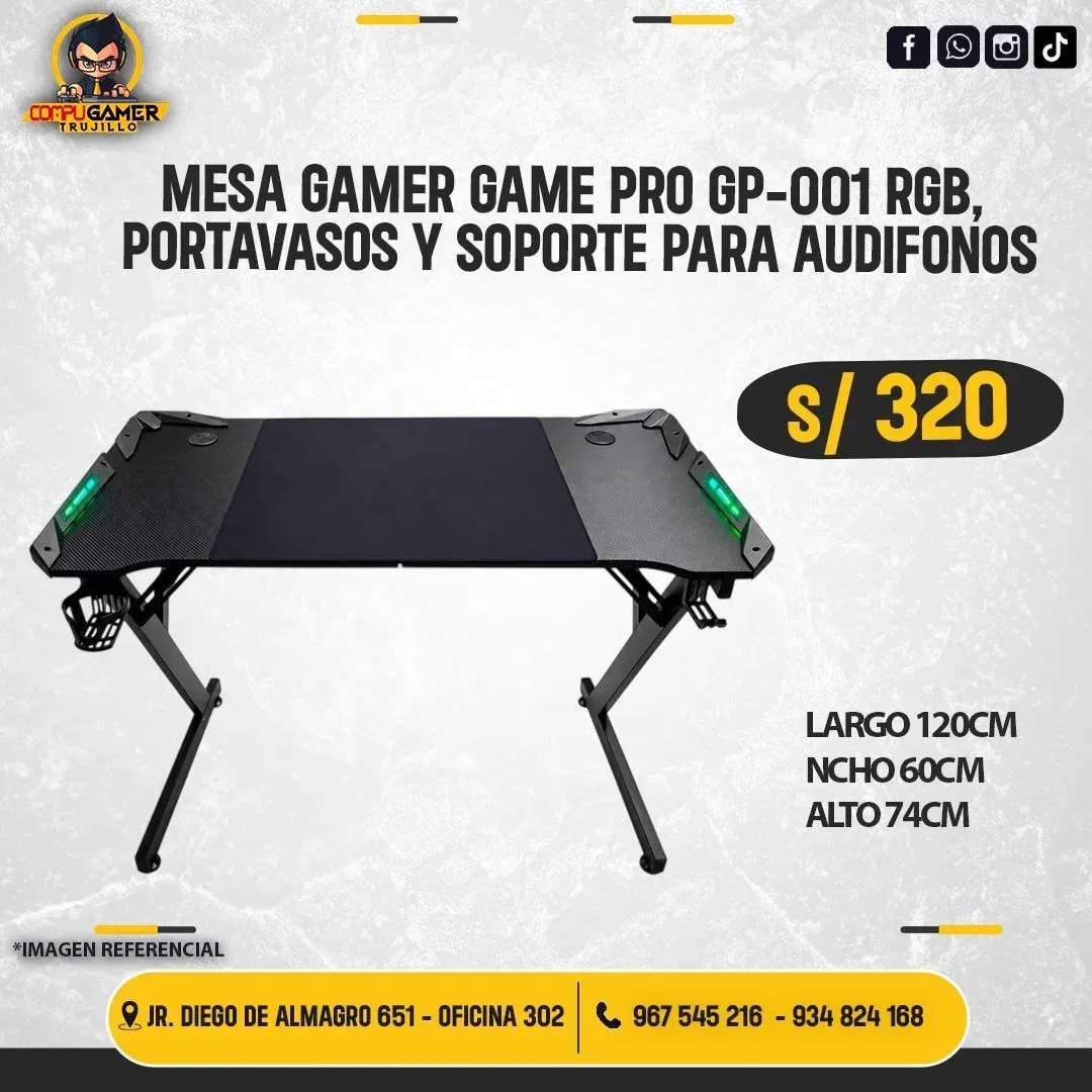 MESA GAMER GAME PRO GP-001 RGB, PORTAVASOS Y SOPORTE PARA AUDÍFONOS 