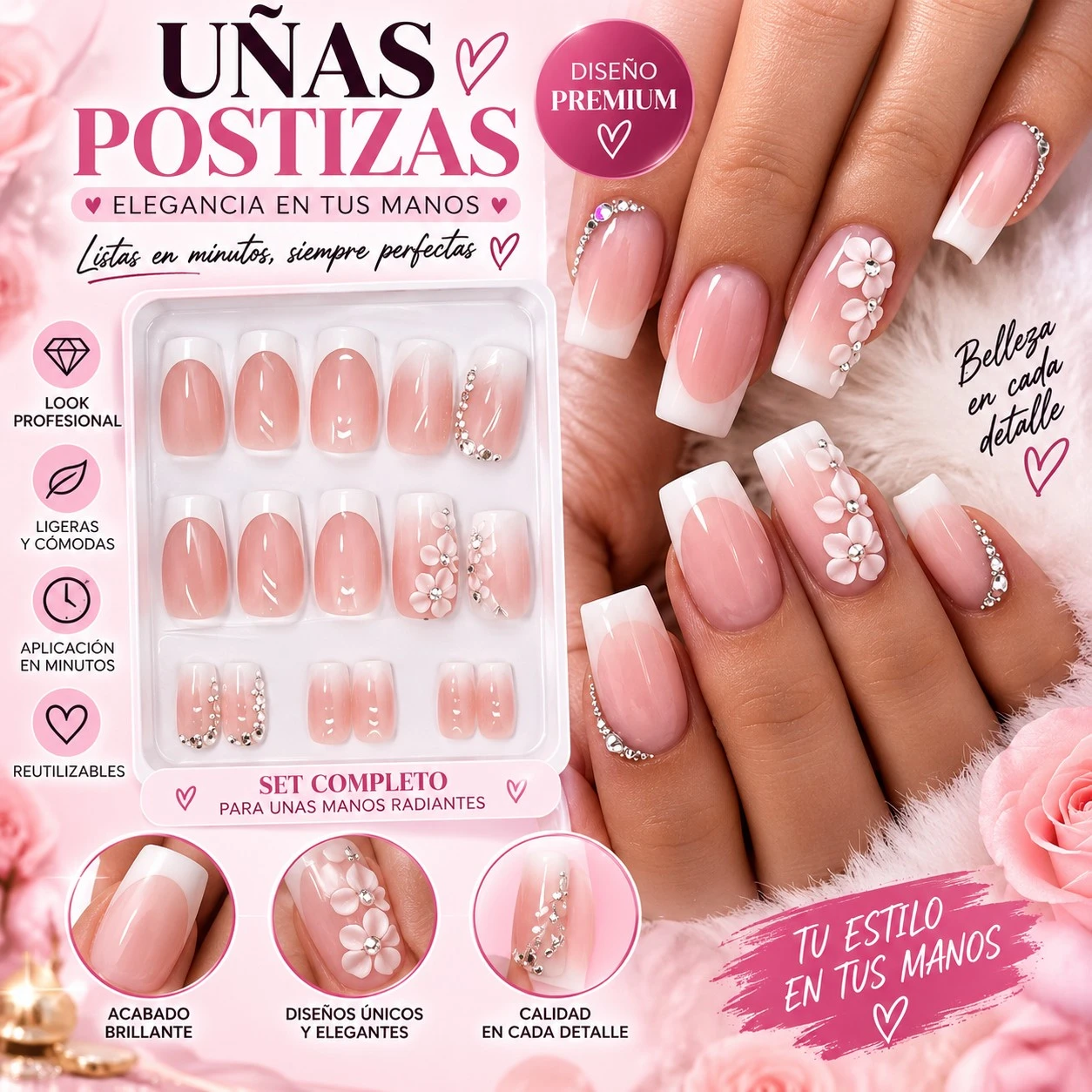 lumera caja de uñas press on con diseño de taladros 