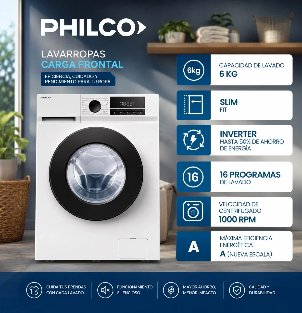 LAVARROPAS PHILCO 6KG CARGA FRONTAL INVERTER BLANCO ‼️SOLO POR PEDIDOS‼️