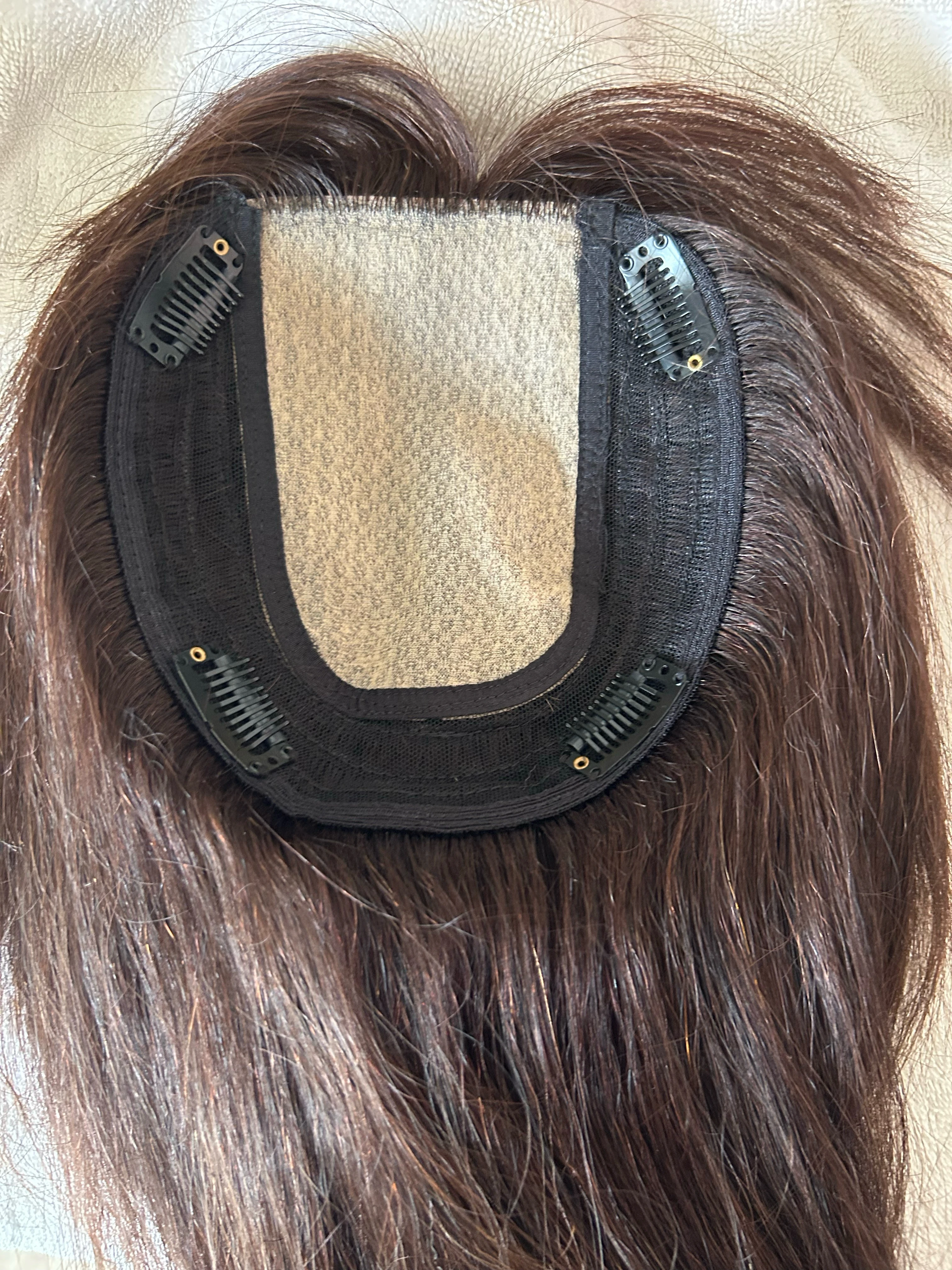 Toppers de cabello para mujer, postizos de cabello humano real, postizos 3D de 360° para mujer con corona delgada, flequillo tenue con clip de 12 pulgadas, base grande (marrón ) 5
