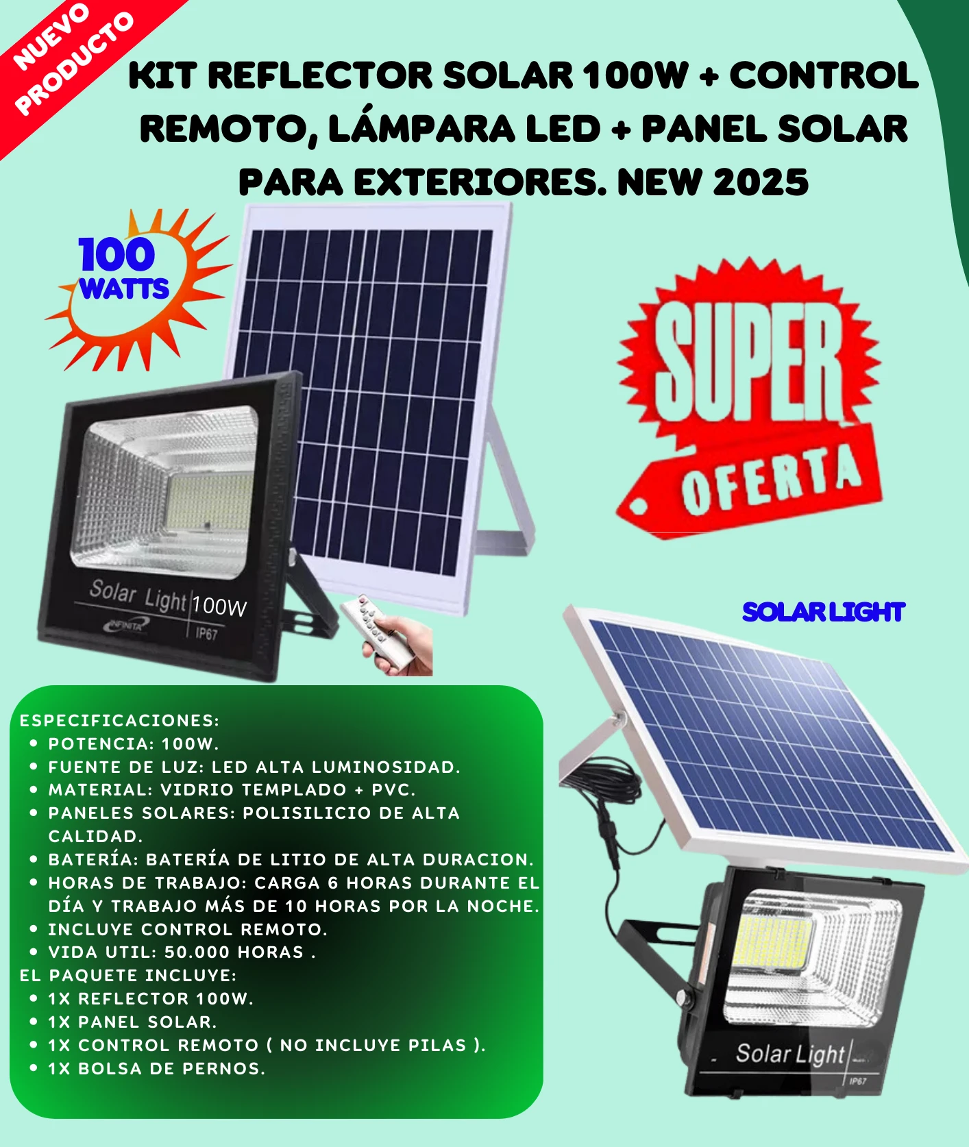 Kit reflector solar 100w control remoto 2