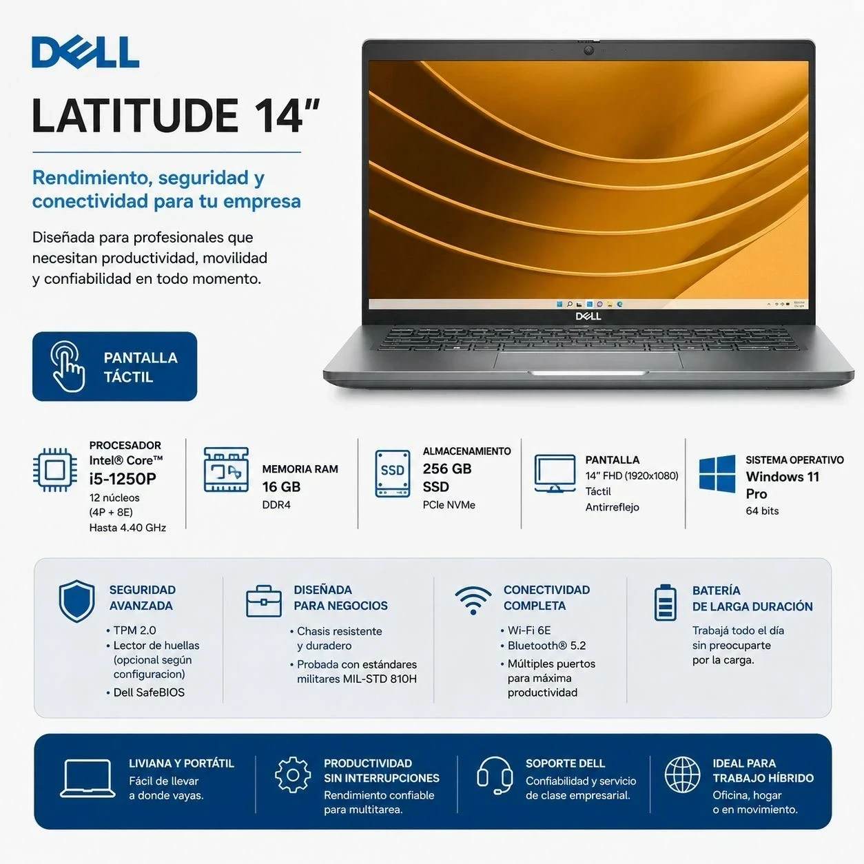 Notebook Dell Latitude 14" (Intel Core I5-1250p | 16Gb Ram | 256Gb Ssd | Pantalla Tactil | Windows 11