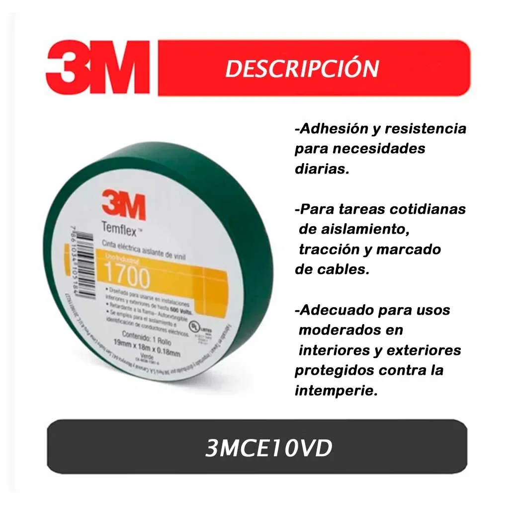 CINTA AISLANTE 3M VERDE 1700 - 10 YARD X 19MM