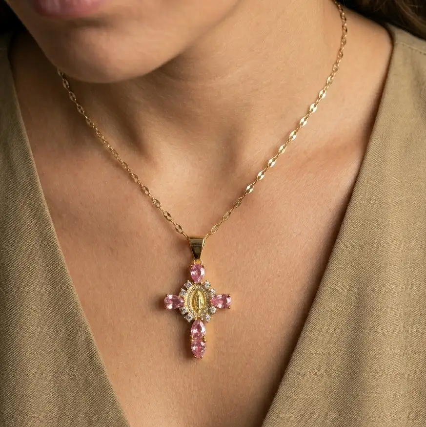 Cadena Y Dije En Acero Con Piedra Circon De Cruz Virgen De Guadalupe Rosa 2