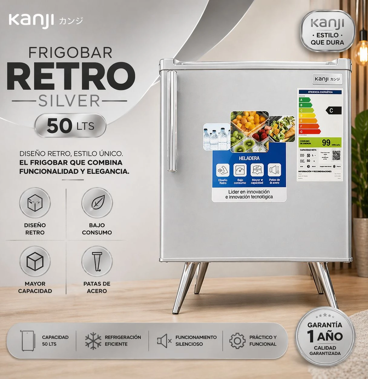HELADERA FRIGOBAR KANJI RETRO  50 LTS NEGRA/GRIS