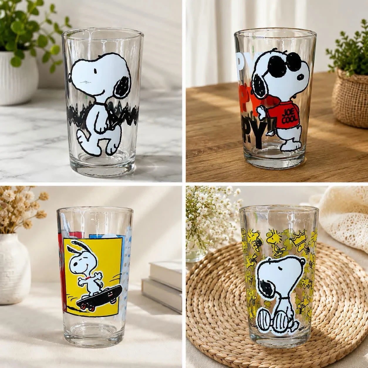 Paquete de 6 vasos de vidrio snoopy coleccion peanuts premium 2