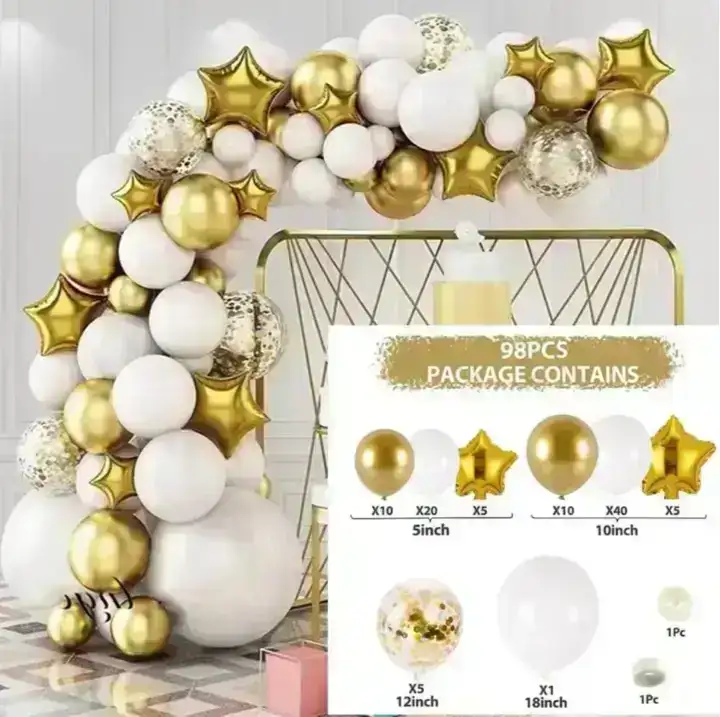 Set guirnalda globos standard/chrome/metalizado/confetti dorado c/blanco 115 pcs