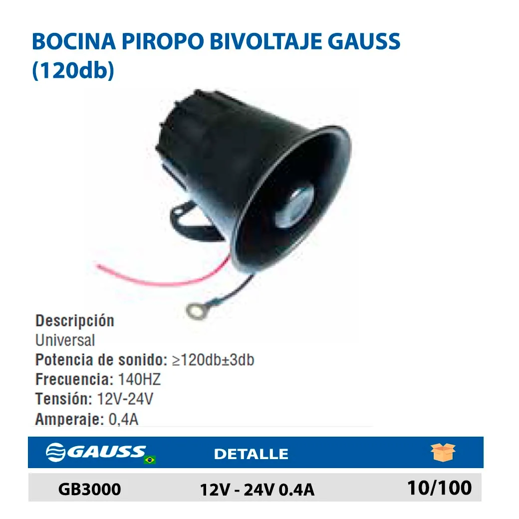 BOCINA PIROPO BIVOLTAJE GAUSS (120db) 12V - 24V 0.4A