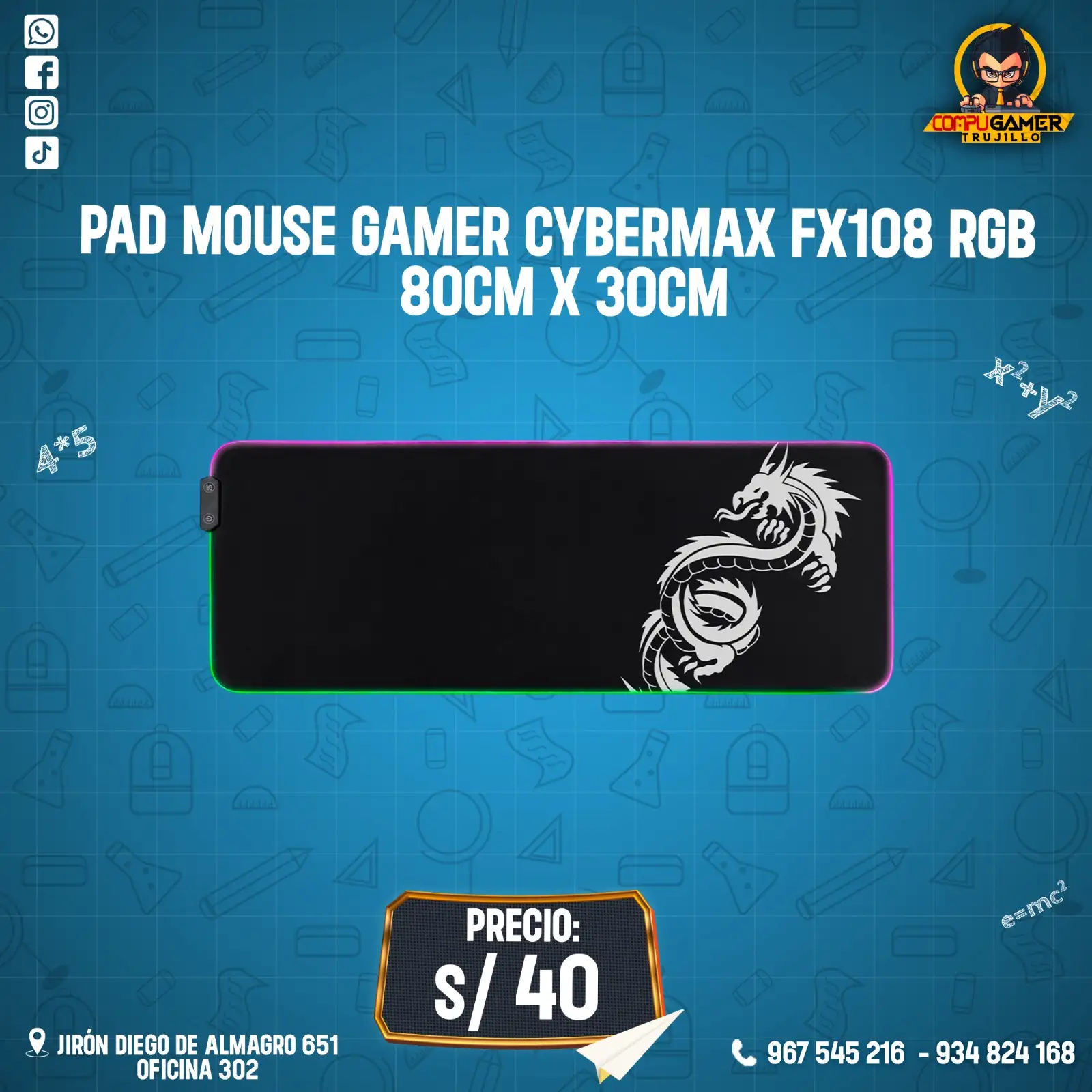 PAD MOUSE GAMER CYBERTEL CYBERMAX FX108 RGB 80CM X 30CM