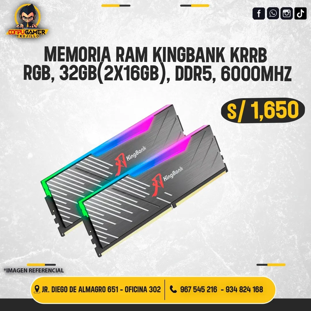 MEMORIA RAM KINGBANK KRRB, 32GB (2X16), DDR5, 6000MHZ, RGB